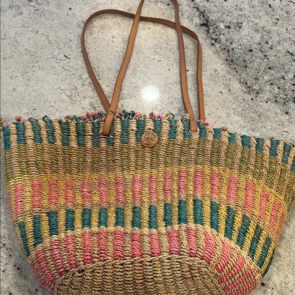 Tory Burch Pink, Green, and Tan Woven Tote